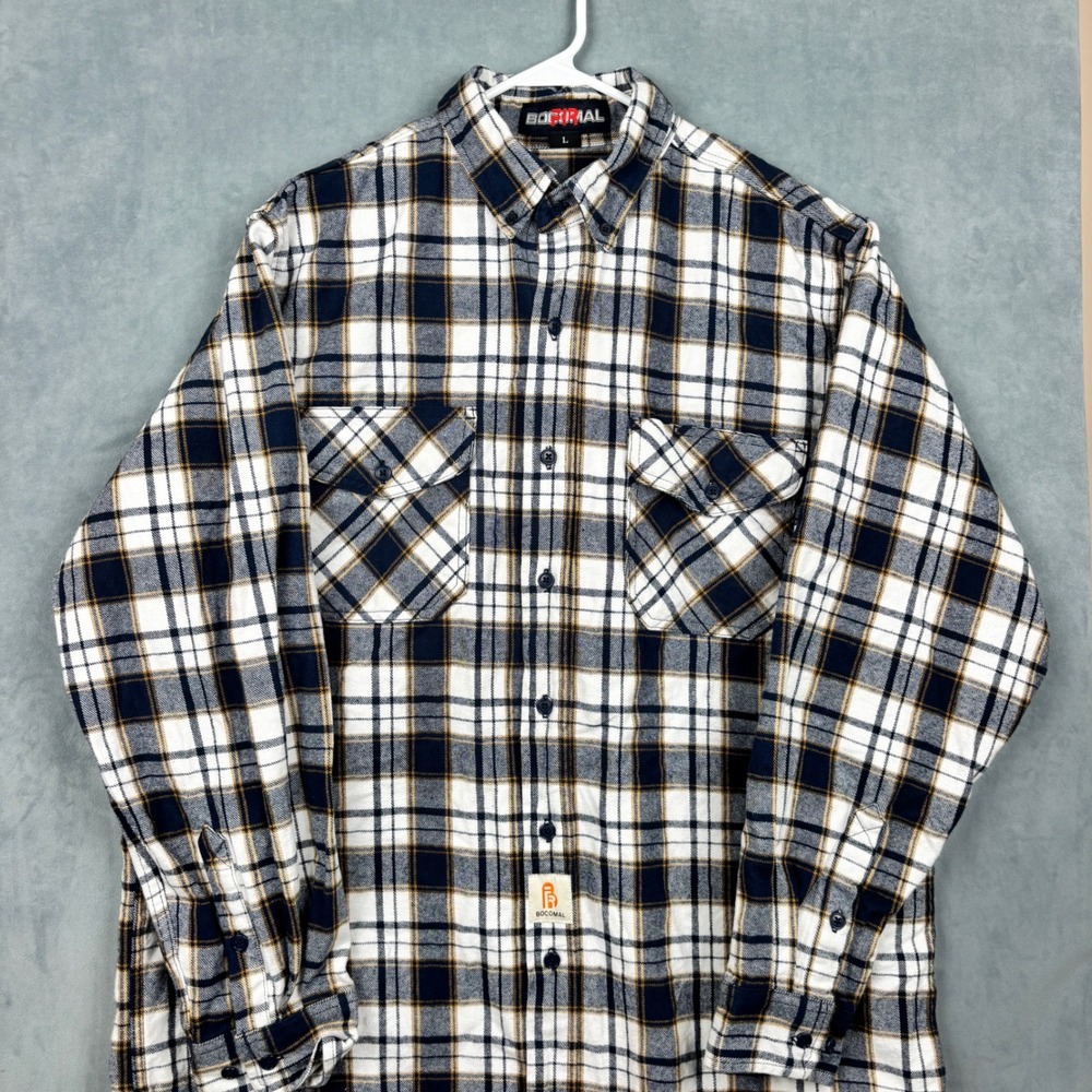 Bocomal FR Flannel Shirt Mens L Navy White Plaid Flame Resistant NFPA 2112 CAT 2